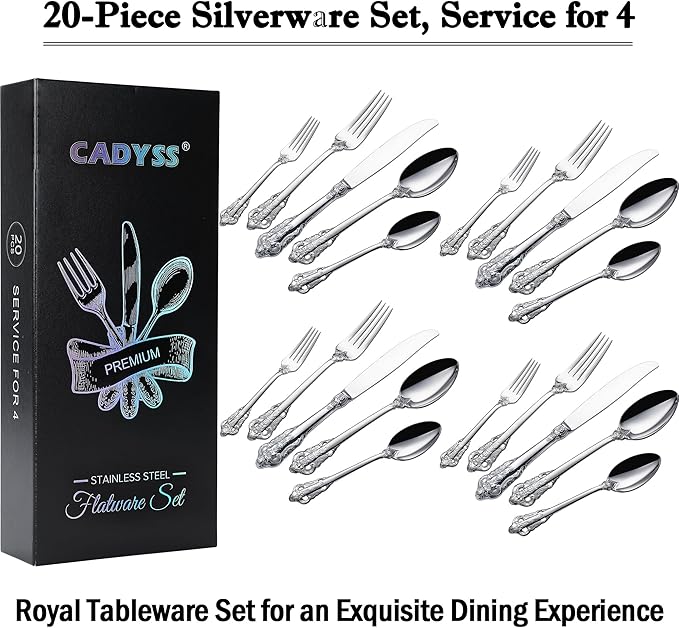 Luxurious 20 Piece Silverware Set for 4 - Cutlery Set, Flatware Set - Includes Knife, Fork, and Spoon - High-End 18/10 Stainless Steel - Royal Tableware Set for an Exquisite Dining Experience
