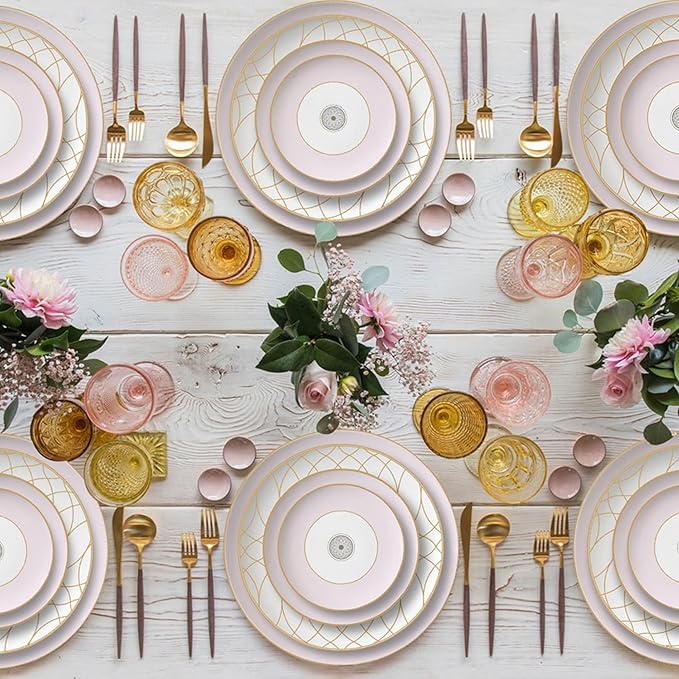 gold trim dinnerware set service for 4, 16 pieces pink and white ceramic plate set, luxury bone china dishes sets for wedding, anniversary, fine dining present