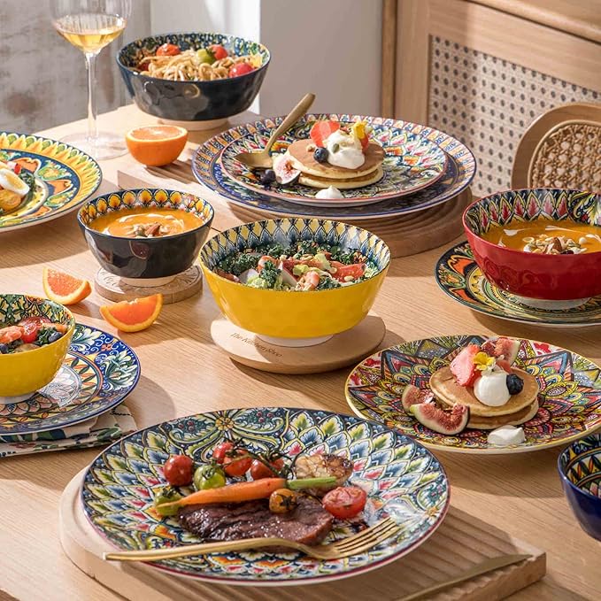 Henten Home Ceramic Soup Bowls Set of 6, 25 oz Porcelain Cereal Bowl Set, Colorful Bohemian Style Serving Bowls for Salad, Pasta, Oatmeal, Microwave & Dishwasher Safe