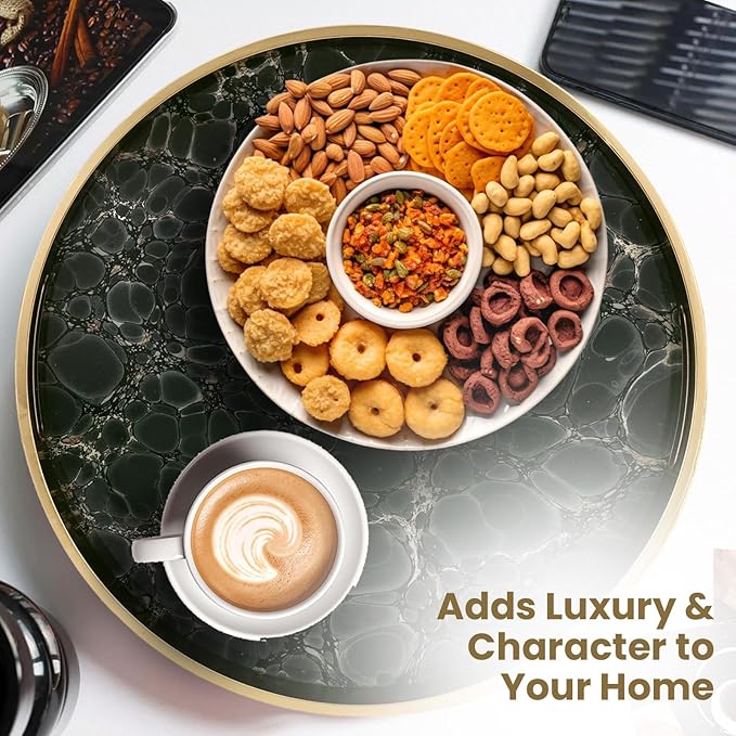 Round Serving Tray with with Handles Antique Look & Stylish Design Decorative Trays for Kitchen Round Ottoman Tray for Dinning Living Room & Home Decor Pack of 2 (Teal)