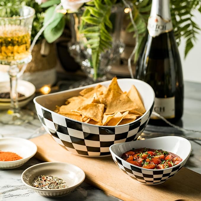 Tiered Serving Bowls Chip and Dip Serving Set with Stand, Ceramic Appetizer Serving Dishes Platters and Trays for Parties Entertaining - Checkered Kitchen Decor