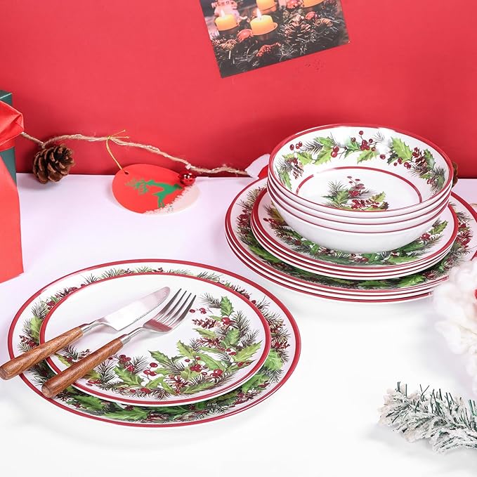 12-Piece Christmas Melamine Dinnerware Sets,Holiday Dishes Set For 4, Lightweight & Stackable for Home&Party plates,Plate and Bowl Sets Ideal for for Indoor Outdoor Use -Christmas Garland