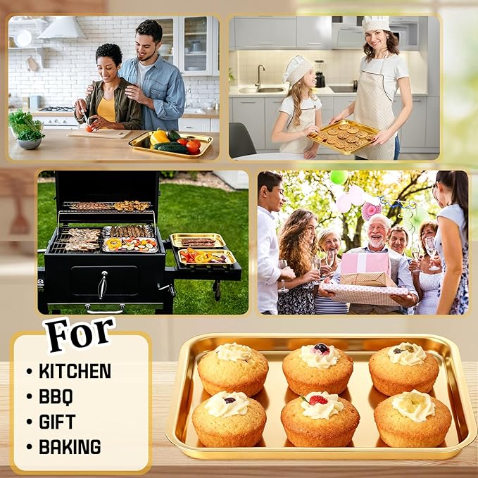 6 Pcs 7.5 x 5.5 Inch Gold Baking Sheets Stainless Steel Baking Pan Tray Cookie Sheet Rectangle Mirror Finish and Rust Free Easy Clean and Dishwasher Safe Bakeware Oven Tray for Roasting