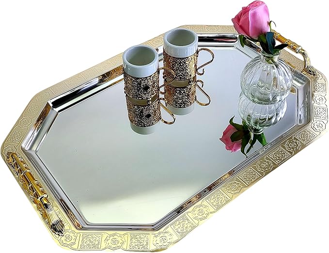 (Pack of 2) 20.8 inch x 14.4 inch Octagonal Chrome Plated Silver Serving Tray with Handles Mirror Iron Gold Edge Floor Pattern Engraved Party Buffet Wine Platter Plate TTL-016