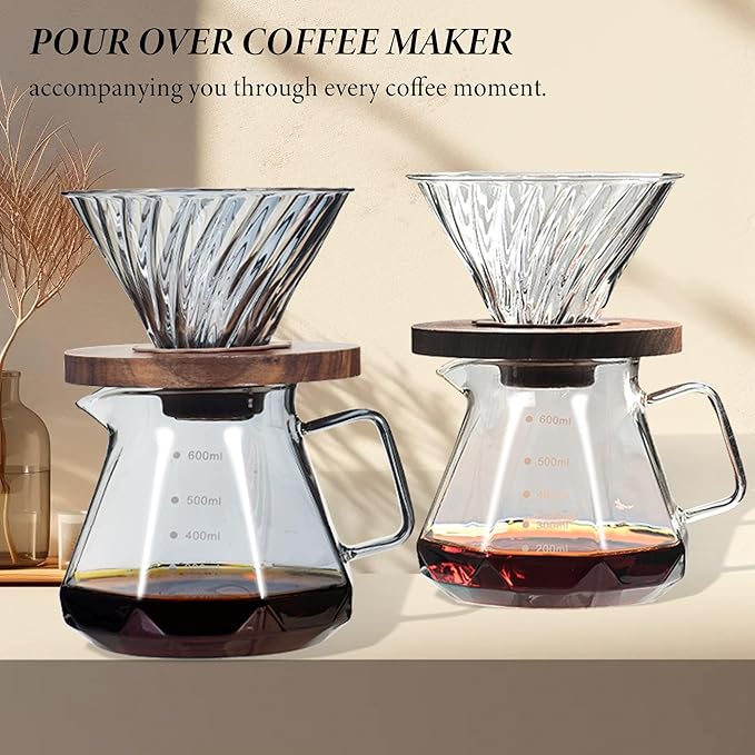 Upgrade Glass Coffee Dripper/Filter - Glass Pour Over Coffee Cone with Walnut Stand with Holder, Drip Coffee Maker Funnel Accessories for Home or Office, 1-5 Cups