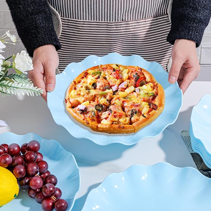 LIYH 20 Pcs 10 Inch Light Blue Plastic Plates Reusable - Unbreakable Scalloped Dinner Plates for Baby Shower Party Outdoor Picnics Dishwasher Safe BPA Free