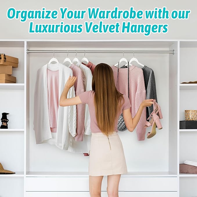 Premium Velvet Shirt Hangers 50 Pack, Non-Slip 360Β° Swivel Hook Slim Felt Hanger, Space Saving Flocked Hangers for Tank Tops, Blouses, Strappy Dresses(White)