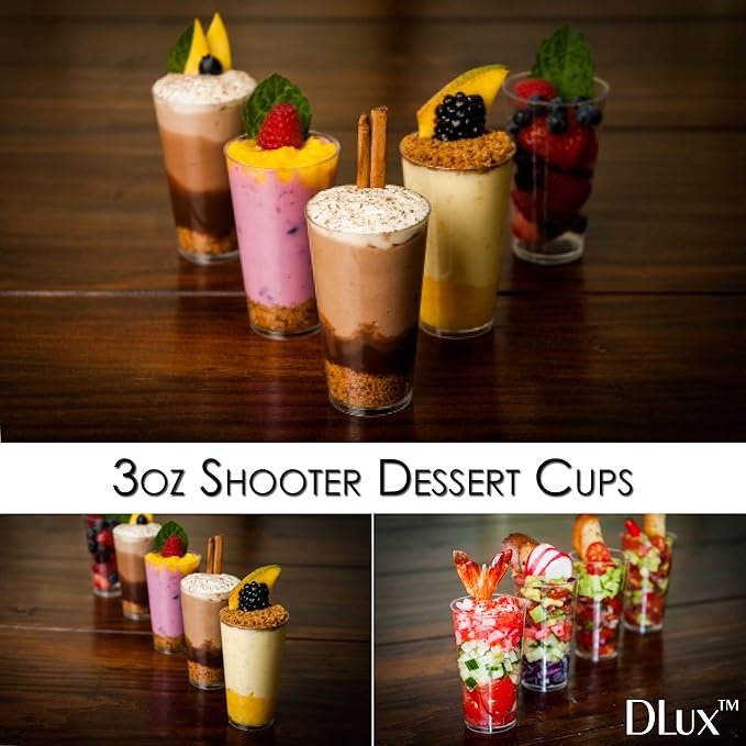 DLux 100 x 3 oz Mini Dessert Cups with Spoons, Shooter - Clear Plastic Parfait Appetizer Cup - Small Reusable Shooter Glass for Tasting Party Shooters Desserts Appetizers - With Recipe Ebook