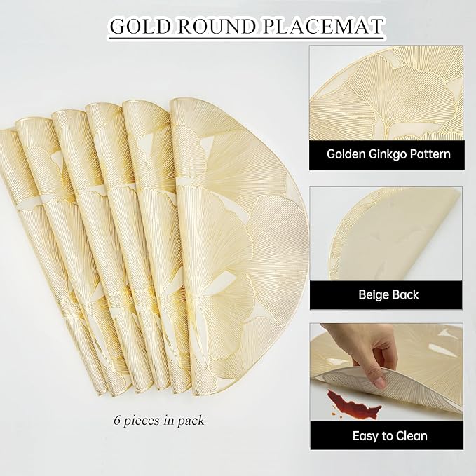 Gold Round Placemats Set of 6 Metallic Pressed Vinyl Place Mats for Dining Table Centerpiece Decor Ginkgo Leaf Table Mats Non Slip Heat Resistant 15 Inch