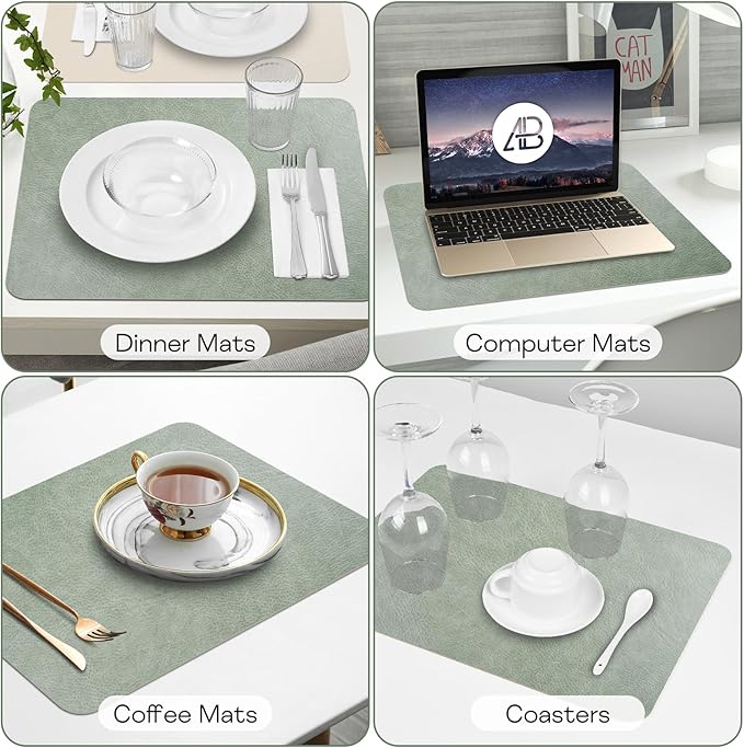 Faux Leather Placemats Set of 6 Table Mats Heat Resistant Reversible Place Mats, Waterproof Wipeable Dining Table Placemats for Home Party Outdoor, 16.9 x 11.8 Inch (Sage Green/White)