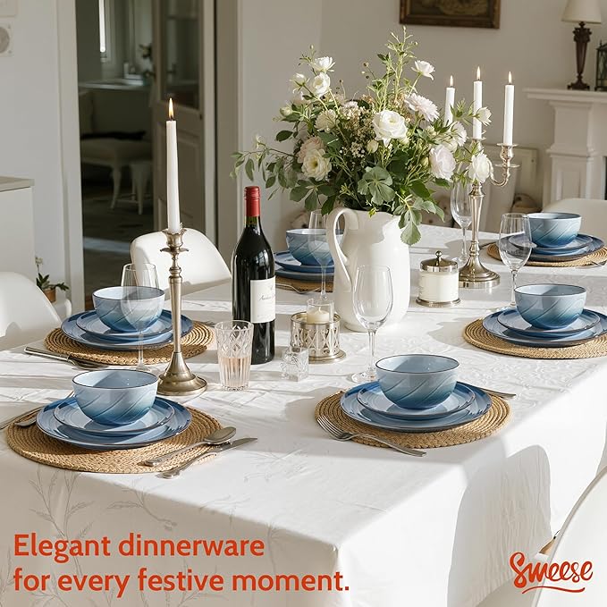 Sweese Porcelain Dinnerware Sets for 6, 18 Pieces Ceramic Plates and Bowls Sets, Handcrafted Minimalist Dinner Set, Chip and Scratch Resistant Dish Set, Dishwasher & Microwave Safe, Ocean Blue