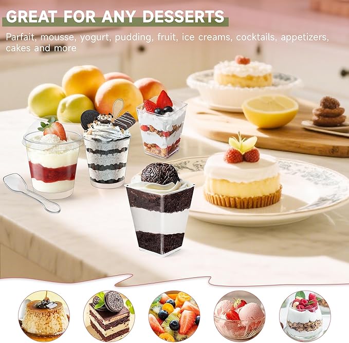 OTOB 300 Pack 5.4 oz Dessert Cups with Lids and Spoons | Serves 100 | Small Square Plastic Cake Pudding Cups, Mini Party Serving Cups for Parfait, Yogurt, Appetizers, Mousse, Dessert Shot Glasses Bowl