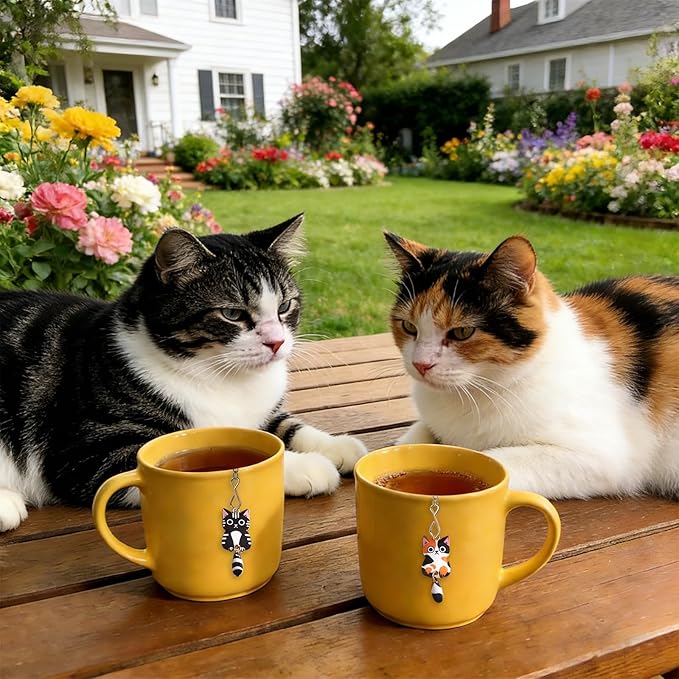 Cat Tea Infuser Set, 2PCS Cubic Loose Leaf Tea Steeper Reusable Stainless Steel Mesh Bags, Cute Tea Strainer with Wagging-Tail Cat Charms (Tuxedo & Calico)