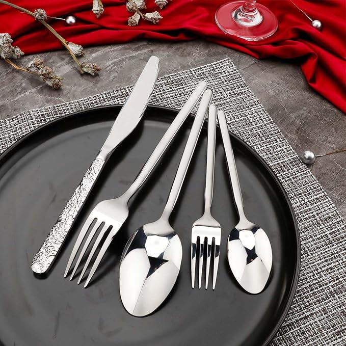 20-Piece Silverware Set, Silver Hammered Stainless Steel Flatware Set, Cutlery Set Service for 4, Kitchen Utensil Set, Tableware Set Including Fork Knife Spoon Set,Dishwasher Safe, FS202402