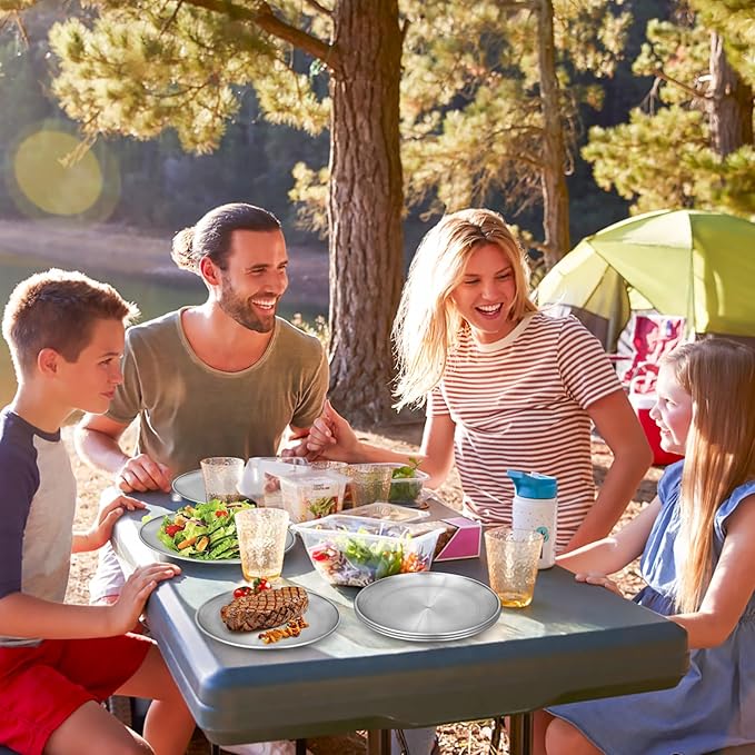 Metal Camping Plates, 10 Pack 9.1 inch 304(18/8) Stainless Steel Plates, Reusable Pizza Food Serving Snack Eating Salad Dishes Round Shatterproof Plate Silver Dinnerware Dinner Oven Safe