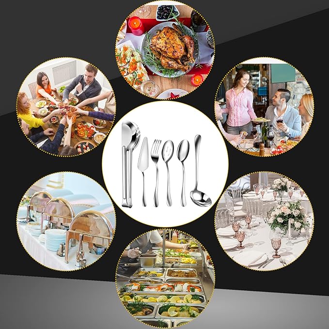 Thenshop 30 Pcs Stainless Steel Serving Utensils Set Flatware Set Include Large Serving Spoons Slotted Spoons Forks Soup Ladle Pie Server and Tongs for Buffet Party(Silver)
