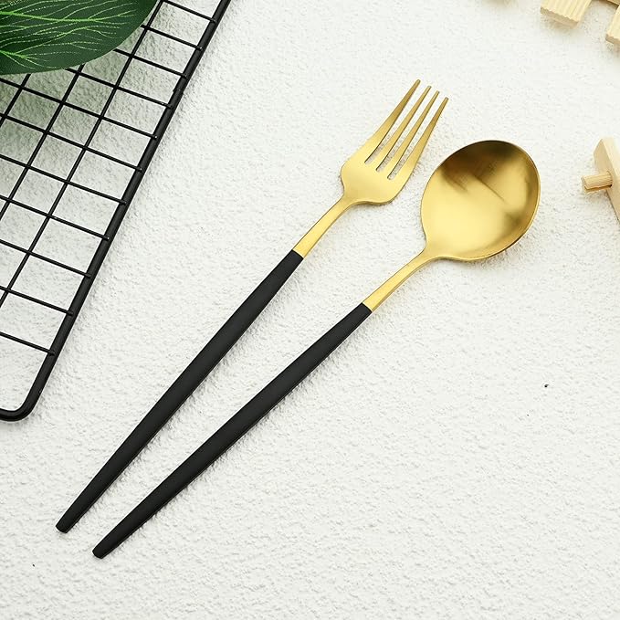 30-piece Black and Gold Silverware Set with Steak Knives for 6, 18/0 Stainless Steel Flatware Cutlery Set, Hand Wash Recommended,Matte Finished