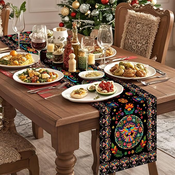 Mexican Floral Skull Table Runner Seasonal Holiday Kitchen Dining Linen Table Decoration for Indoor Outdoor Home Party Decor 13 x 72 Inch