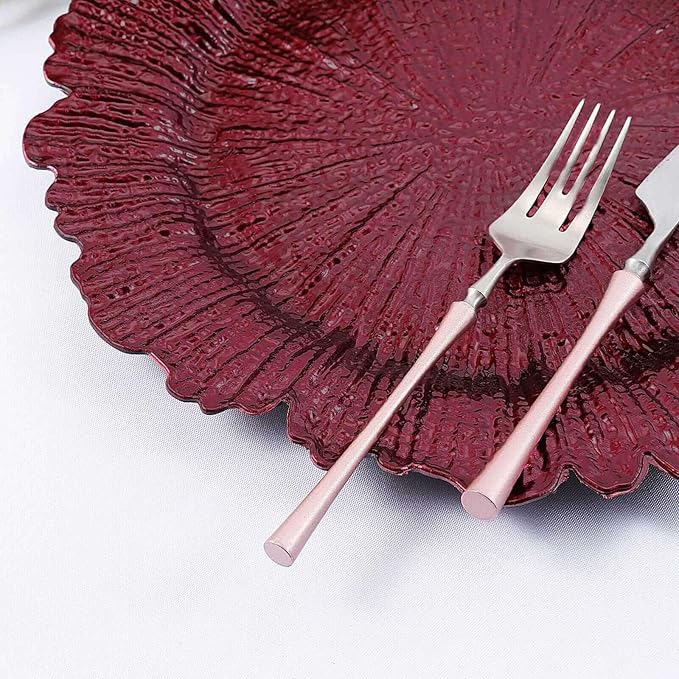 13" Charger Plates - Set of 24 - Acrylic Burgundy Round Reef Disposable Chargers, Ideal for Dinner Party Wedding Holiday Bulk Events