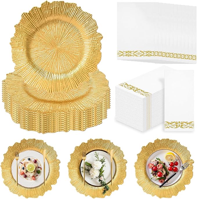 PROY 50 Pcs Gold Charger Plates Bulk, 13" Gold Reef Charger Plates for Wedding, Thanksgiving, Christmas, Plastic Chargers for Dinner Plates