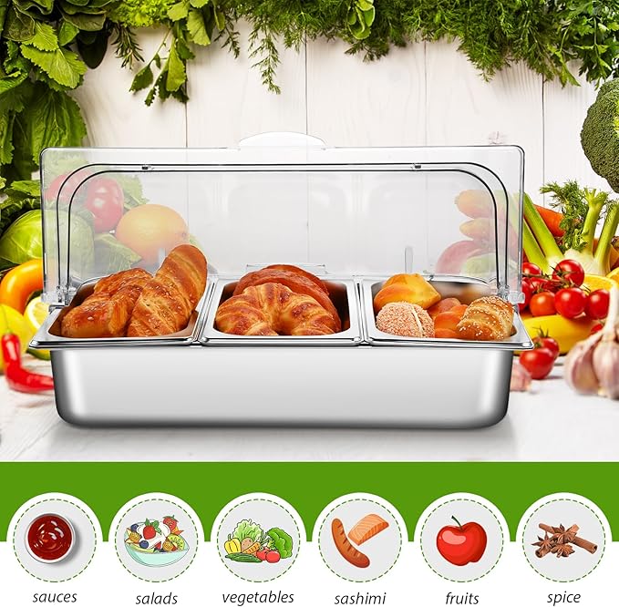 Countertop Food Serving Display Container and Clear Roll Top Cover Stainless Steel Food Serving Tray Buffet Condiment Dispenser Display Rack for Restaurant Hotel Kitchen Party(21 x 13 x 11'')