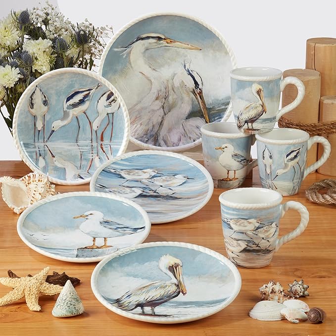 Shorebirds 6" Ceramic Canape and Luncheon Plates – Set of 4 with Assorted Coastal Quote Designs – Dishwasher & Microwave Safe – Ocean-Inspired Snack Plates for Entertaining or Beach House Décor