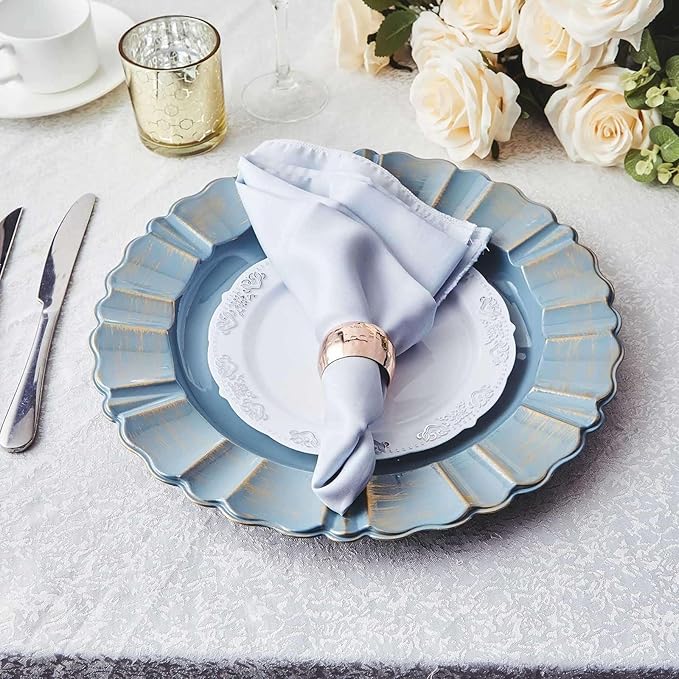 Efavormart 12-Pack Acrylic Plastic Charger Plates 13" Round Dusty Blue with Gold Brushed Wavy Scalloped Rim - Dinner Charger Tableware