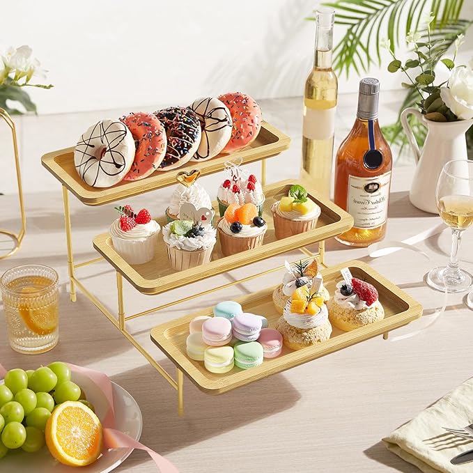 Lifewit 3 Tier Bamboo Serving Tray for Party Supplies, 12" x 6.5" Platters for Serving Food, Reusable Trays with Gold Metal Display Stand for Veggie, Fruit, Cookies, Dessert
