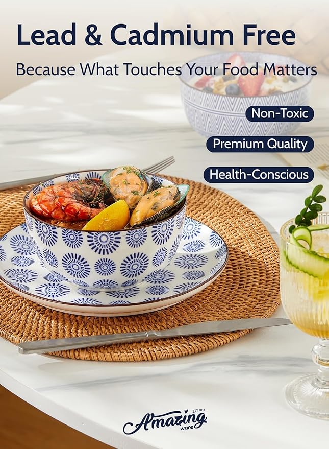 Amazingware Porcelain Dessert Plates Appetizer Plates, Salad Plates, Small Plates - Dishwasher, Microwave, Oven Safe (Vintage Blue, 8 Inch)