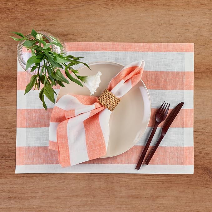 Solino Home Linen Cloth Napkins Set of 4-100% Pure Linen Salmon and White Striped Dinner Napkins 20 x 20 Inch - Cabana Stripe, Handcrafted and Machine Washable