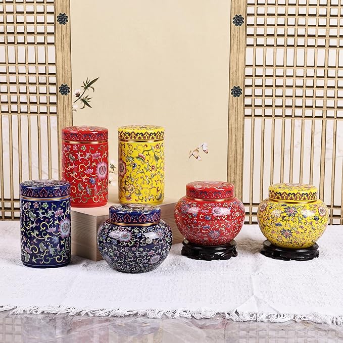 XINGYAN Chinoiserie Enamel Ginger Jar with Twist Lid - Traditional Chinese Blue and White Porcelain Style-Cylinder Design (Yellow Cylinder)