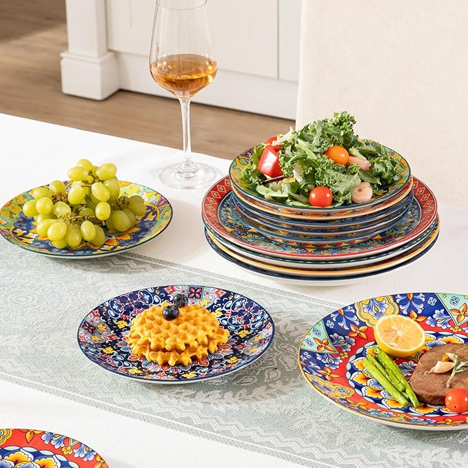Sweejar Salad Plates 8 Inch,Ceramic Dessert Plates Set of 6,Bohemian Style Small Dinner Plates Dishwasher and Microwave Safe Round Colorful Dishes for Kitchen