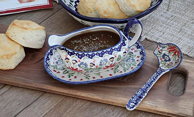 Blue Rose Polish Pottery Jungle Bouquet Gravy Boat & Ladle
