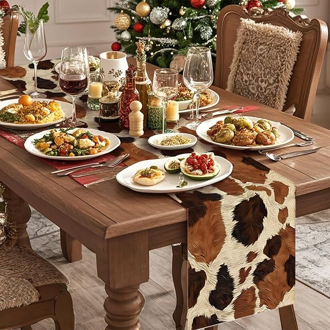 Cow Pattern Brown Table Runner Farmhouse Kitchen Dining Linen Table Decoration for Indoor Outdoor Home Party Decor 13 x 72 Inch