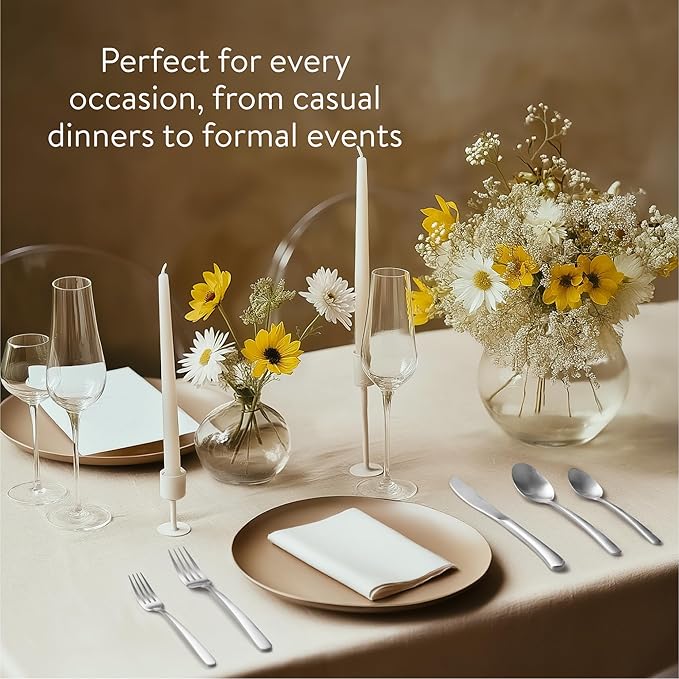 Navaris Silverware Set - 60-Piece 18/0 Stainless Steel Kitchen Cutlery Sets with Satin Silver Finish - Versatile Dinner Knives and Forks and Spoons Dinner Set for 12 People