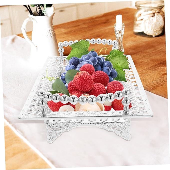 Nordic Style Metal Fruit Plate with Handle Mirrored Snack Tray for Fruits and Appetizers Silver Color Decorative Serving Tray for Residential and Commercial Use