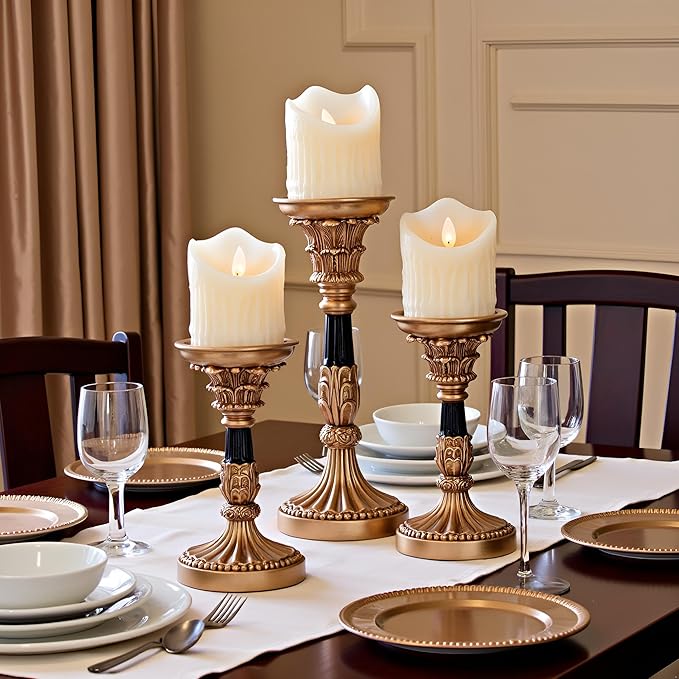 Resin Candle Holder Set of 3 - Christmas Home Pillar Candle Holder, Candles Rustic Wooden Farmhouse, Coffee Table Centerpiece, Suitable for Fireplace, Living Room, or Dining Table