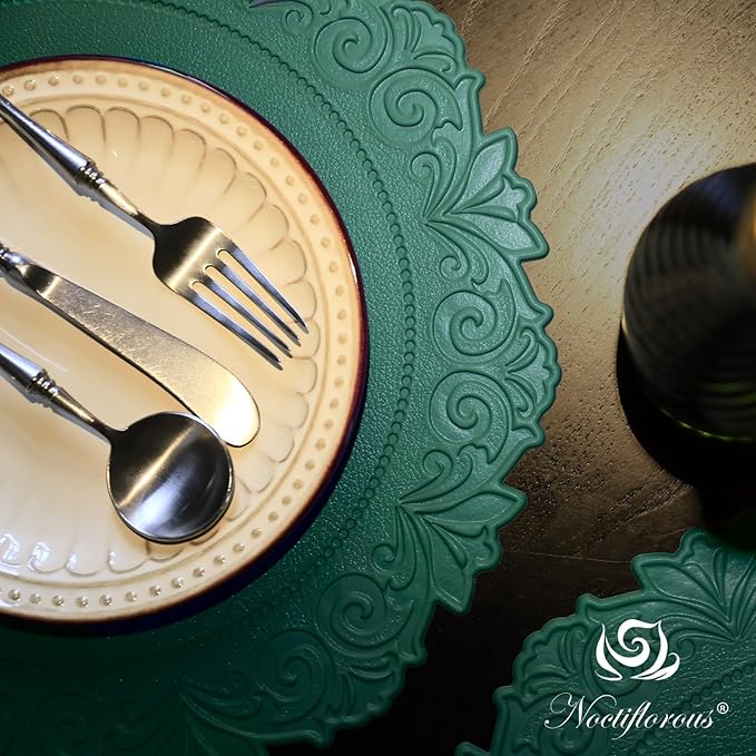 Noctiflorous Round Faux Leather 15 Inch Placemats Set of 6 Waterproof Wipeable Heat Resistant Tablemat for Dining Table Kitchen Non Slip Oilproof Table Place Mat for Indoor Outdoor(Green, 6)