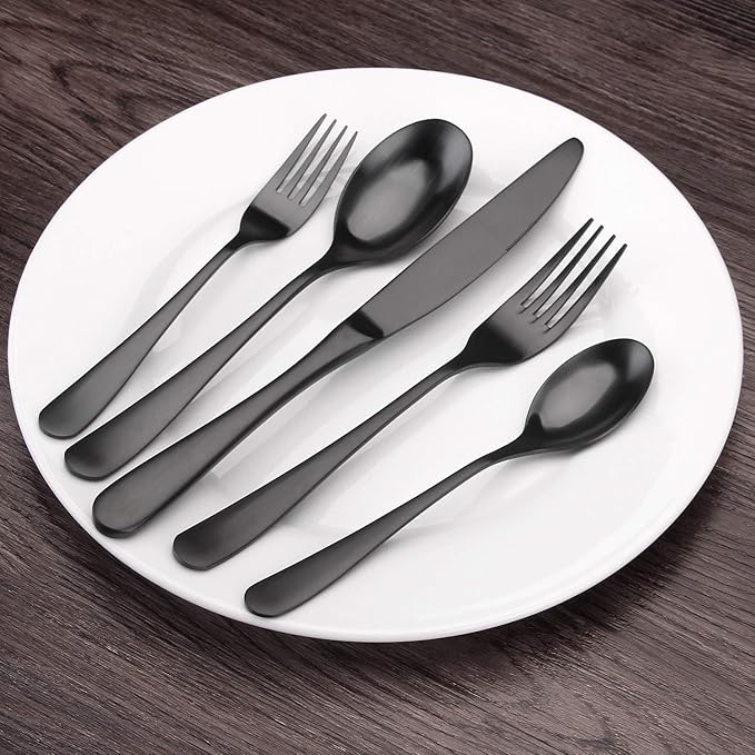 Matte Black Silverware Set, Bysta 20-Piece Stainless Steel Flatware Set, Kitchen Utensil Set Service for 4, Tableware Cutlery Set for Home and Restaurant, Satin Finish, Dishwasher Safe