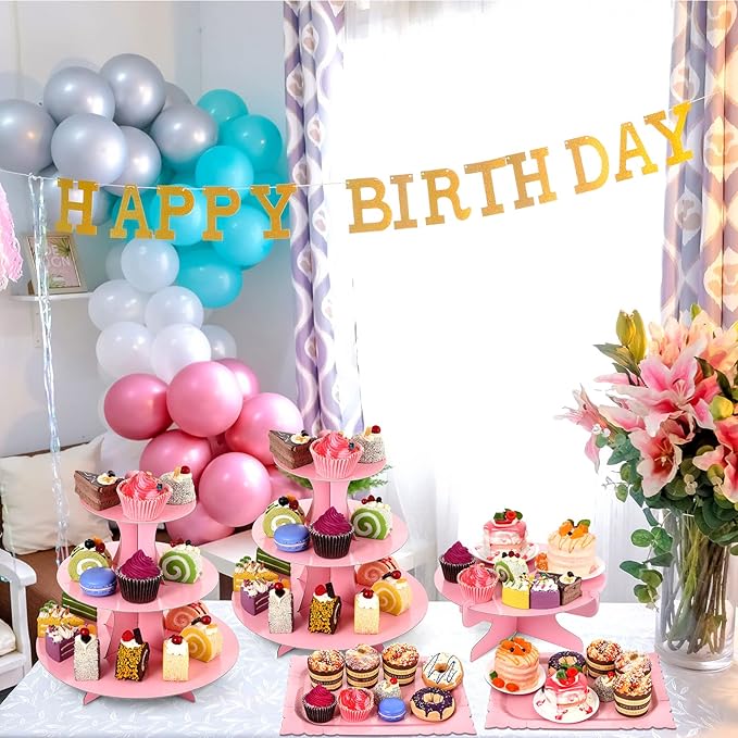 Zopeal 7 Pieces Cake Stand Set 3-Tier Cardboard Cupcake Stand 1-Tier Cupcake Display Round Rectangle Serving Tray Reusable Platters Cupcake Holders for Desserts Birthday Party(Pink)