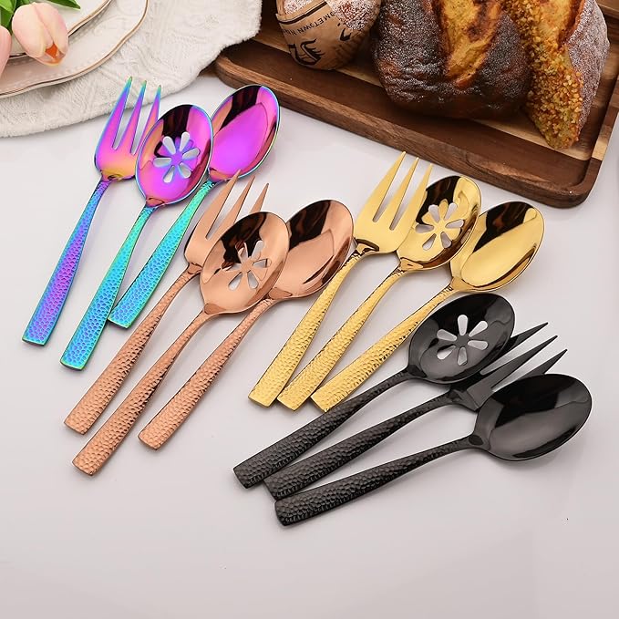 6 PCS Hammered Serving Utensils, Uniturcky Stainless Steel Serving Spoons Set, Square and Thick Hostess Serving Set, Includes 2 Serving Spoon 2 Serving Fork and 2 Slotted Spoon, Mirror Gold