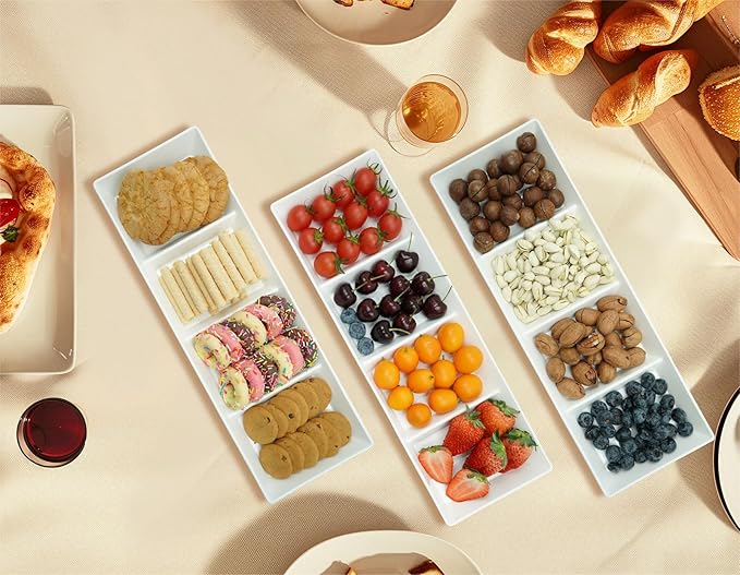 Divided Serving Tray Platter, 2 Pack 17.6" x 6" Fruit Veggie Food Tray for Party, Plastic Serving Trays for Appetizer, Snack, Dessert, Cookie, Brunch Decorations Platters, White Trays BPA-Free