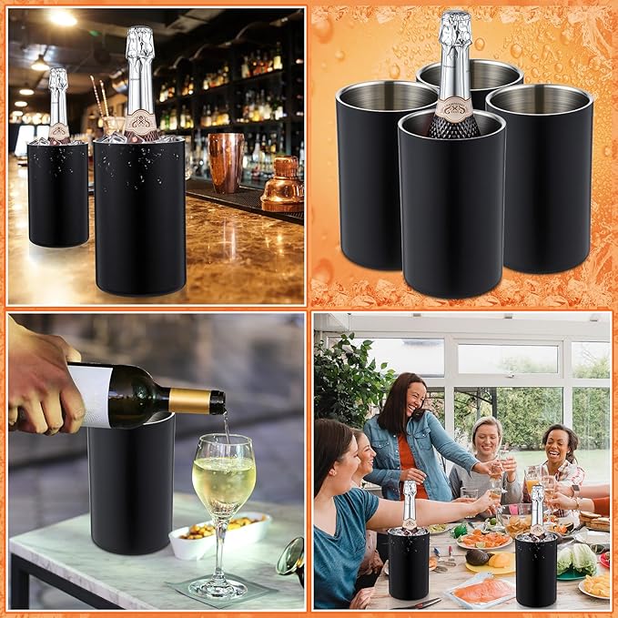 6 Pack Wine Chiller Bucket Wine Bottles Cooler Bulk, Stainless Steel Double Wall Insulated Champagne Ice Bucket for Parties,Fits for 750 ml Bottles(Black)