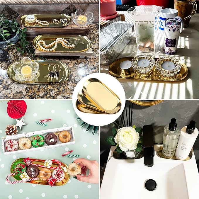 10 Pack 7 Inch Oval Stainless Steel Decorative Tray, Stainless Steel Tea Fruit Tray, 7 inch Gold Oval Trays for Bathroom Vanity, Jewelry, Perfume & Key Organizer (Gold)