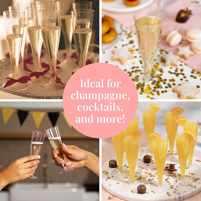 Prestee 24 Piece Plastic Champagne Flutes - 4.5 oz Plastic Wine Glasses with Rose Gold Glitter - Cocktail Glasses for Parties - Party Supplies for Mimosa Bar, Wedding, Shower Party and New Years Eve