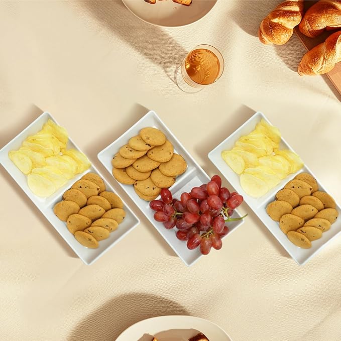 Divided Serving Tray Platter, 3 Pack 10" x 5" Fruit Veggie Food Tray for Party, Plastic Serving Trays for Appetizer, Snack, Dessert, Cookie, Brunch Decorations Platters, White Trays BPA-Free