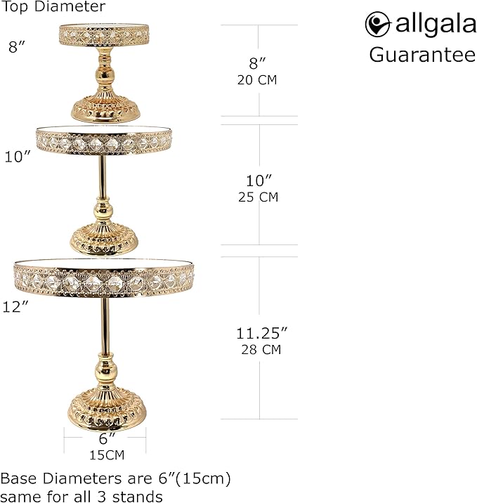 allgala Wedding Cake Stands 3-Piece Set Crystal Gold Plated Cheese Dessert Cupcake Cake Stand with Mirror Plate-Gold Round with Bases-HD89201