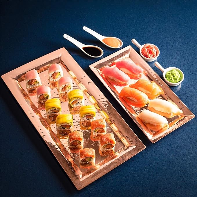 Copper Hammered Trays - Rose Gold Serving Tray and Platters - Appetizer Tray - Large Decorative Food Tray (2 Pack Rectangle Platters)