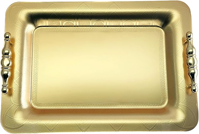 (Pack of 2) 15.7 inch x 11 inch Oblong Chrome Iron Gold Plated Serving Tray with Handles Stylish Design Different Leaf Floral Engraved Edge Wedding Dessert Buffet Platter Plate NC-008