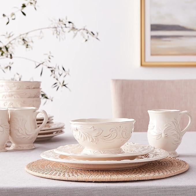 Firenze Ivory 16-Piece Ceramic Dinnerware Set, Service for 4 – Embossed Plates, Mugs & Bowls in Elegant Vintage White – Classic Everyday Dining Set for Rustic & Formal Tablescapes